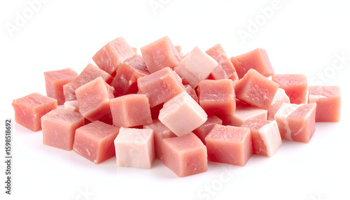 Cubed Ham with Food, and White Background.