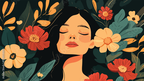 Elegant Woman and Flowers Art Noveau Style Flat Design
