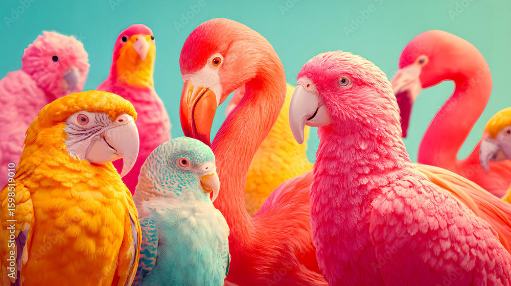 Fototapeta premium Colorful Tropical Birds Illustration Featuring Parrots and Flamingos with Gradient Background