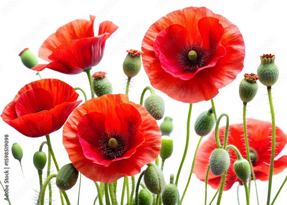 Obraz premium A collection of vibrant red poppy flowers with delicate petals and green buds are displayed against a clean transparent background