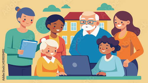 A group of college students volunteers at a retirement home teaching the residents how to use digital art programs and learning from their years of. Vector illustration