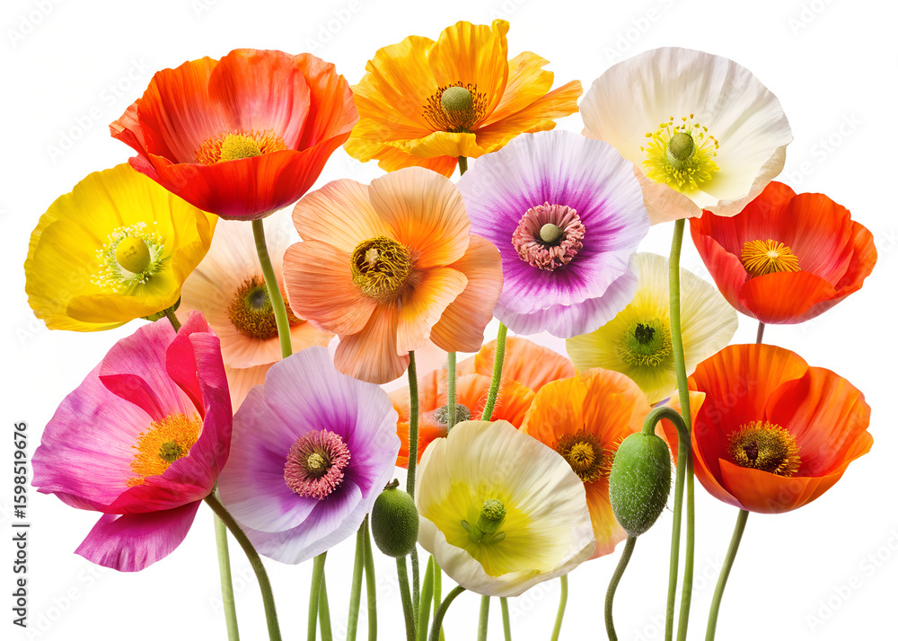 Obraz premium A vibrant collection of colorful poppies in various shades of red orange pink yellow purple and white bloom against a clean transparent background