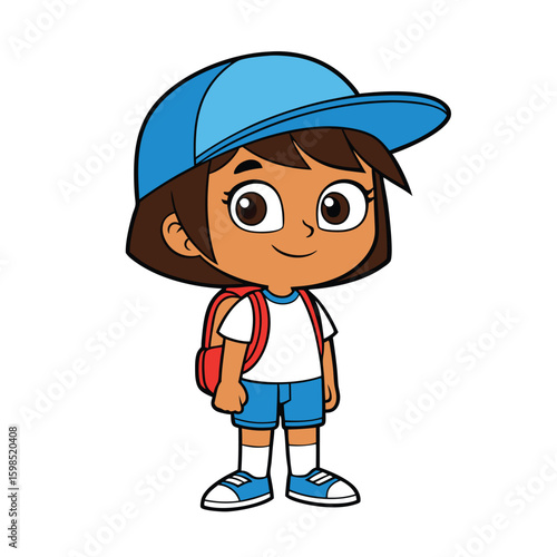 Young girl with blue cap and red backpack child cartoon