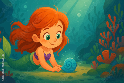 Curious red-haired mermaid lying on the ocean floor observing a glowing blue seashell under sunlight rays