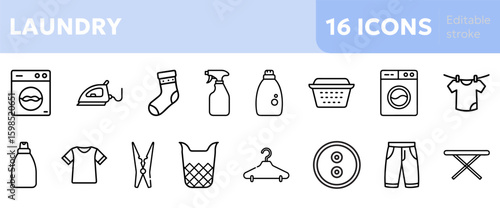  laundry icons illustrating washing and cleaning tools