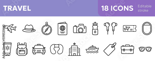 Travel icons illustrating essential travel items and accessories 