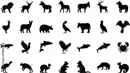 Diverse animal silhouettes lion deer donkey horse llama rhino bird eagle shark crab