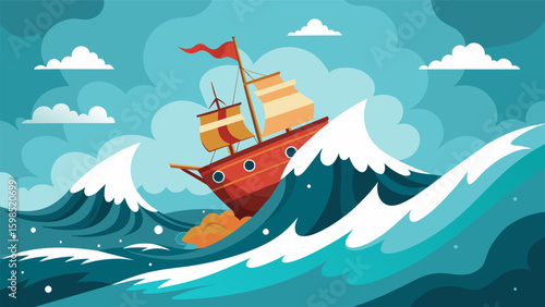 A map of a ship sailing through rough waters representing the turbulence and challenges one faces during their emotional journey while staying afloat. Vector illustration