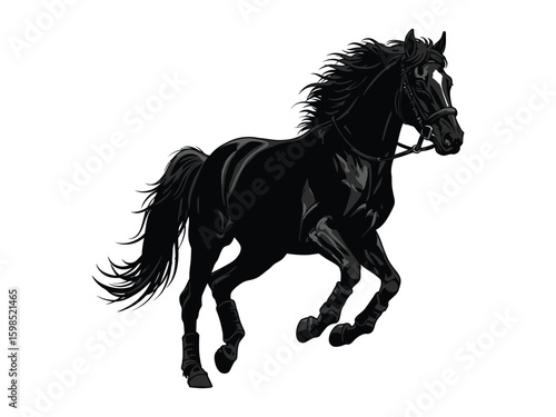 black horse silhouette in motion with bridle and flowing mane