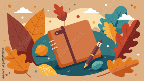 A journal with a leather cover surrounded by tered dried leaves as someone writes down thankful thoughts while sitting on a park bench.. Vector illustration
