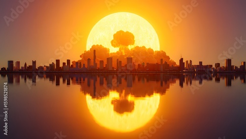Nuclear explosion over city skyline with water reflection apocalyptic concept design