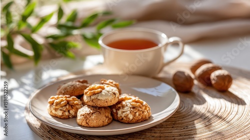 Wallpaper Mural beautiful arrangement of walnut-filled cookies on a plate with a cup of tea, cozy table setting Torontodigital.ca