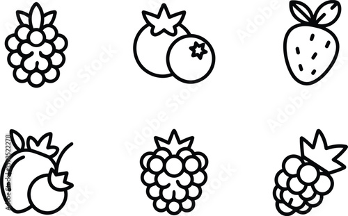 Bold Line Art Icons: Raspberries, Blueberries, Strawberries; Fresh Fruit Design Elements
