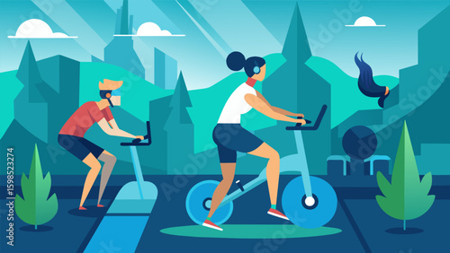A fitness studio offering virtual reality spin classes allowing participants to cycle through exciting virtual landscapes on their mobile VR headsets.. Vector illustration