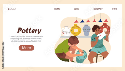 Landing page Pottery. Workshop concept. Creative hobby illustration capturing the joy of ceramics. Vector illustration hand drawn art.