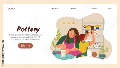 Landing page Pottery. Workshop concept. Creative hobby illustration capturing the joy of ceramics. Vector illustration hand drawn art.