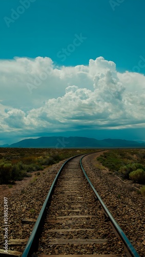 Explore scenic train tracks landscape with blue sky and clouds railway adventure travel