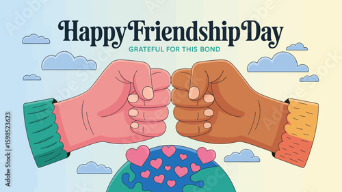Friendship Day illustration with diverse fists bumping above a heart-globe and clouds, celebrating unity, gratitude, and global connection