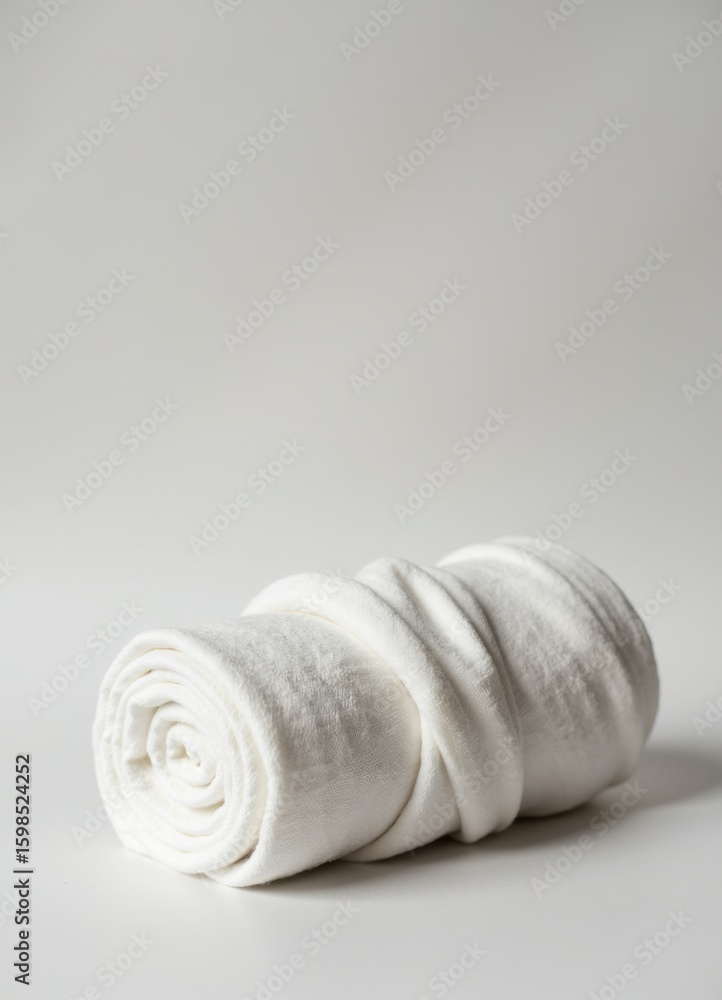Fototapeta premium Rolled white towel on gray background for home and spa use