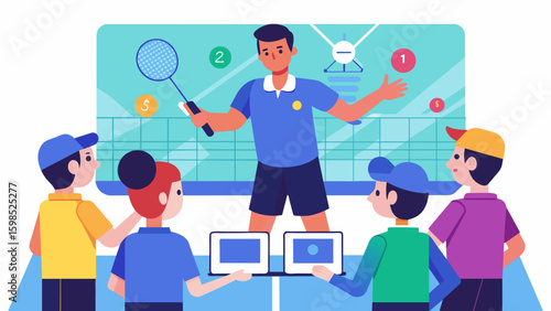 A coach guiding his team of virtual tennis players through their serves and volleys in a hightech simulator.. Vector illustration
