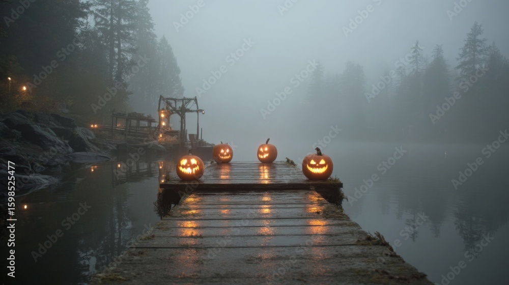 Fototapeta premium Lighted Pumpkins on Foggy Lake Dock at Night