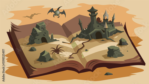 A map of a postapocalyptic world with crumbling ruins and strange creatures drawn onto the pages of a steampunkinspired journal.. Vector illustration