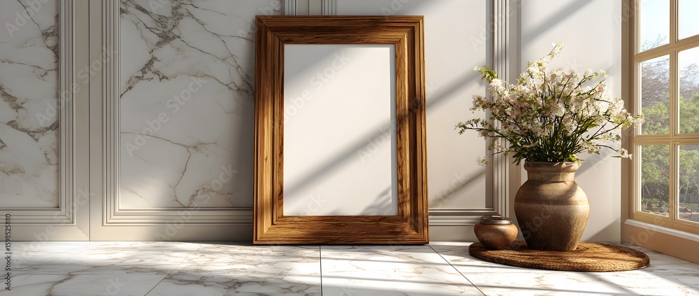 Fototapeta premium A large wooden frame with a white background sits in a room