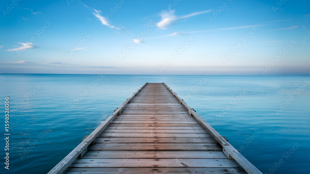 Fototapeta premium Wooden pier extending into calm blue ocean under a serene sky