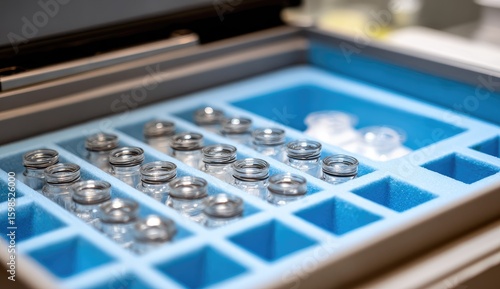 Wallpaper Mural Laboratory Vials in Tray: A collection of meticulously arranged laboratory vials sits within a vibrant blue tray, offering a detailed insight into scientific processes. Torontodigital.ca