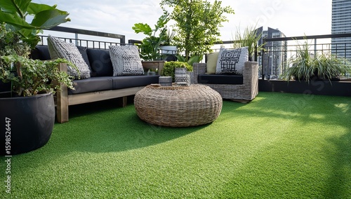 Modern Terrace with Artificial Grass and Furniture in Urban Setting – Relaxing Green Roof for Outdoor Living