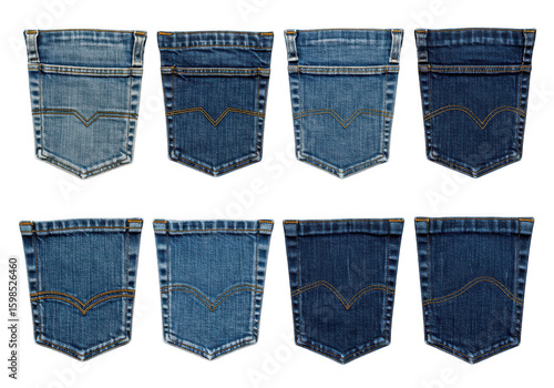 Collection of eight different blue denim jean back pockets isolated on transparent background