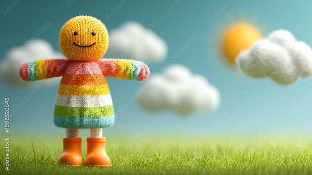 Obraz premium Smiling Knitted Toy in a Sunny Meadow