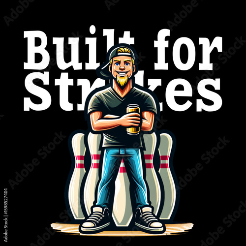 Built for Strikes: A dynamic illustration captures a determined bowler poised for action, standing confidently with a drink in hand, backed by bowling pins.