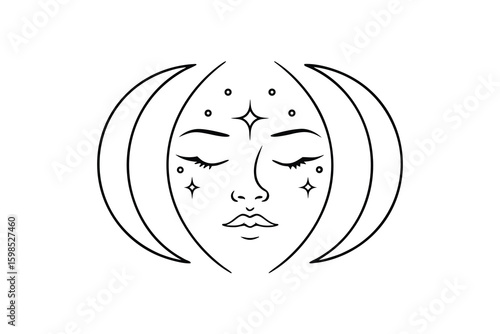 Woman face with closed eyes crescent moons stars line art female