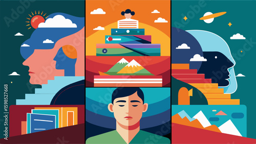 A collage of layered magazine outs each one depicting a different emotion or state of mind on the path to understanding oneself.. Vector illustration
