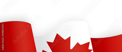 Close Up View of Waving Canadian Flag with Red Maple Leaf. Patriotic Banner with Copy Space. National Holiday Concept for Greeting and Invitation. Vector illustration