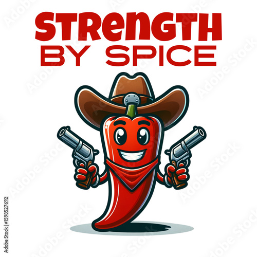 Spicy Strength: A cartoon chili pepper mascot, radiating charisma and strength, confidently brandishes twin pistols, symbolizing the zest of the flavorful and fiery ingredient. 