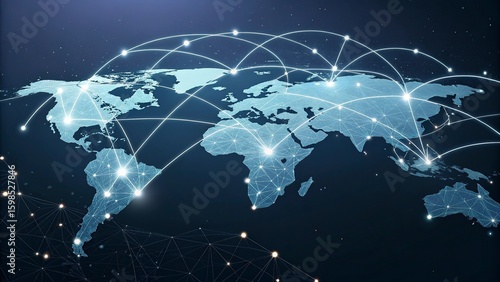 Global network connection over the world. Internet Concept of global business.World map with glowing lines on dark background. Network and communication concept. 3D Rendering	