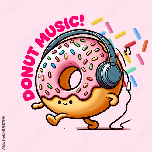 Donut Music Joy: A whimsical donut character joyfully immersed in music, adorned with headphones, sprinkles, and a delightful expression.
