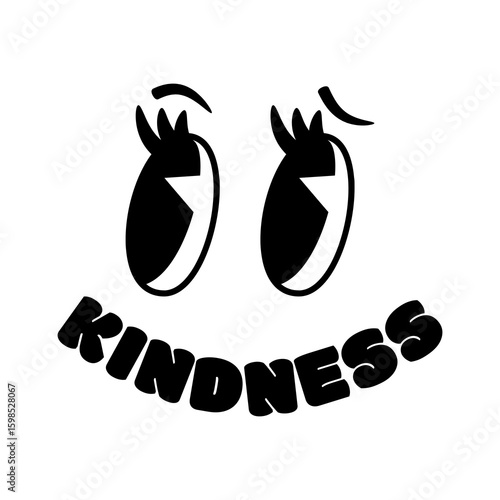 Kindness as a smile: A charming illustration presents a smiling face with the word kindness, evoking a sense of warmth, positivity, and generosity.