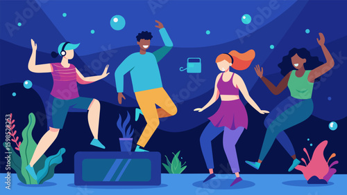 A group of friends in a virtual underwater dance party grooving to the beat while doing vigorous aerobic exercises.. Vector illustration