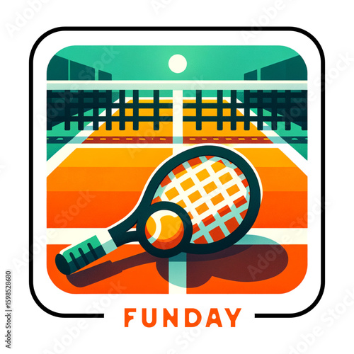 Fun Day: A vibrant illustration of a tennis racket poised with a ball on a tennis court, with tennis net and fun day caption. The illustration captures the essence of sport.
