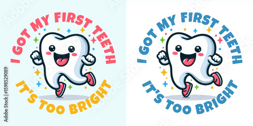 First Teeth Celebration: Playful illustration of a cheerful cartoon tooth, celebrating the arrival of the first teeth, with joyful text elements in a vibrant, charming composition.
