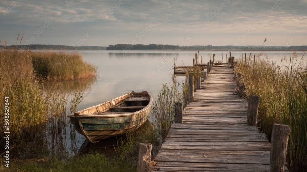 Naklejka premium Old Wooden Boat Moored Near a Rustic Pier on a Calm Lake at Dawn