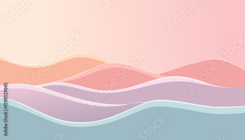 Abstract pastel landscape with hills and waves at sunrise