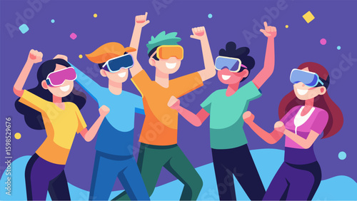 A group of friends sweating and cheering each other on as they compete in a virtual reality danceoff in their youth VR fitness program.. Vector illustration