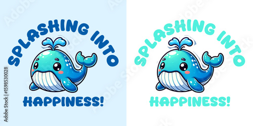 Whale Illustration Splashing into Happiness: Adorable cartoon whale illustration exuding joy and inviting viewers to dive into happiness. Featuring playful style and vibrant colors.
