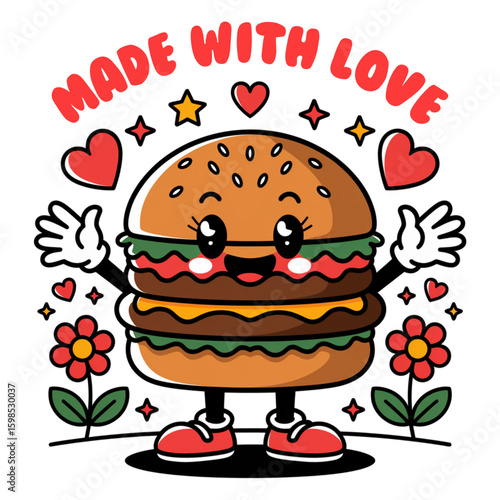 Burger's Warm Embrace: A cheerful burger illustration radiates love with 'made with love' message, surrounded by hearts, stars, and flowers. conveying a sense of joy and affection.