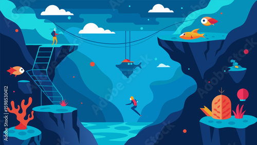 A deep sea adventure featuring underwater caves and vibrant aquatic life where climbers must maneuver through tight spaces and strong currents to. Vector illustration