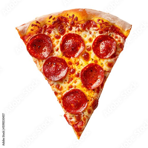A slice of pepperoni pizza with melted cheese and tomato sauce on a white background